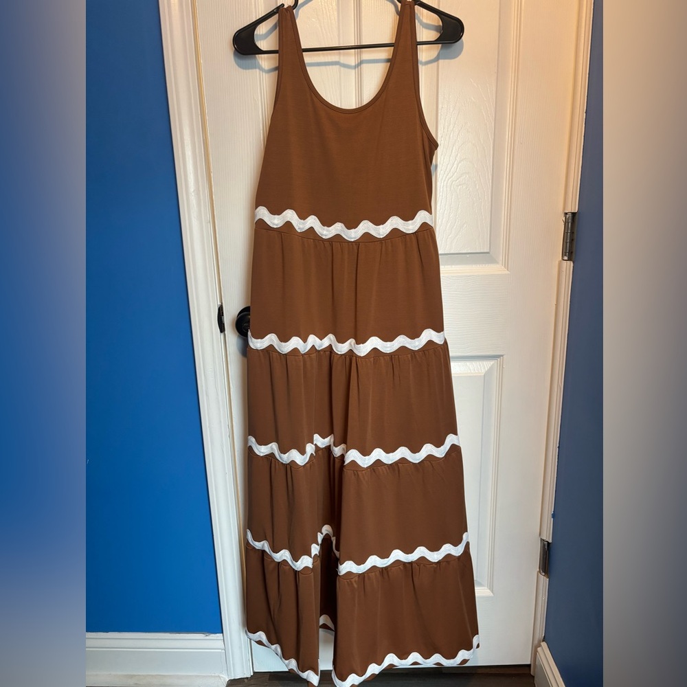 Brown Maxi Dress with White and Ruffle Accents